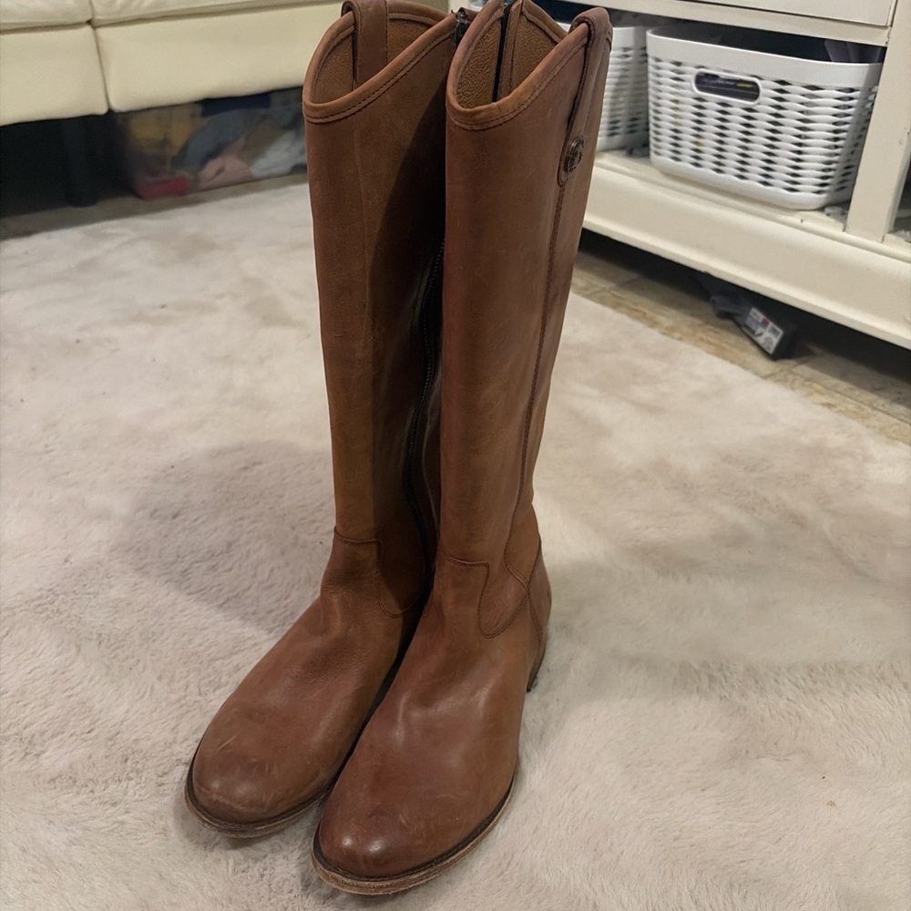 Frye Melissa button inside zip distressed leather cognac boot